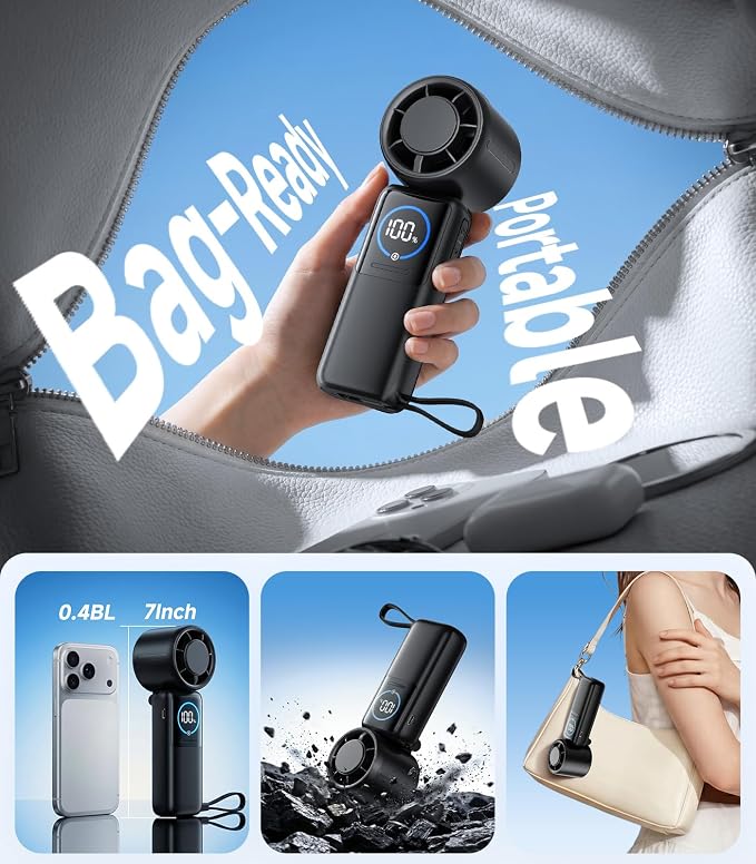 Turbo Handheld Portable Fan, 15000mAh Rechargeable Personal Fan | 100-speed Turbo Airflow up to 15m/s, up to 40H Runtime, Built-in Type-C 5V/2A Output, Display and Foldable Carry for Gift