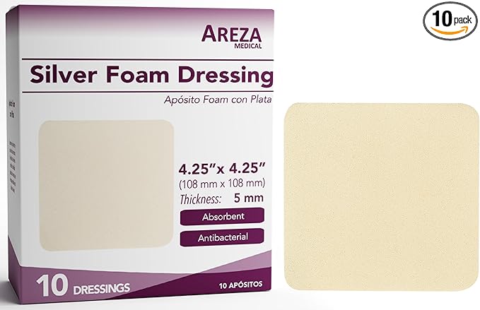 Areza Medical - Silver Foam Wound Dressing Pad - Sterile - 4.25" X 4.25" (10.8 cm X 10.8 cm) - 10 PCS per Box
