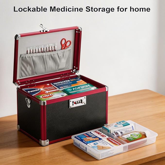 Medicine Lock Box with Combination Lock - 10" Hard Case First Aid Safe Medication Storage with Removable Tray & Pockets for Pills, Home, Car & Outdoor - Black Red [No Strap]