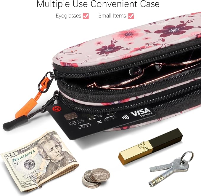 Double Eyeglasses Case Soft Portable Zipper Sunglasses Pouch with Keychain Clip for Men Women