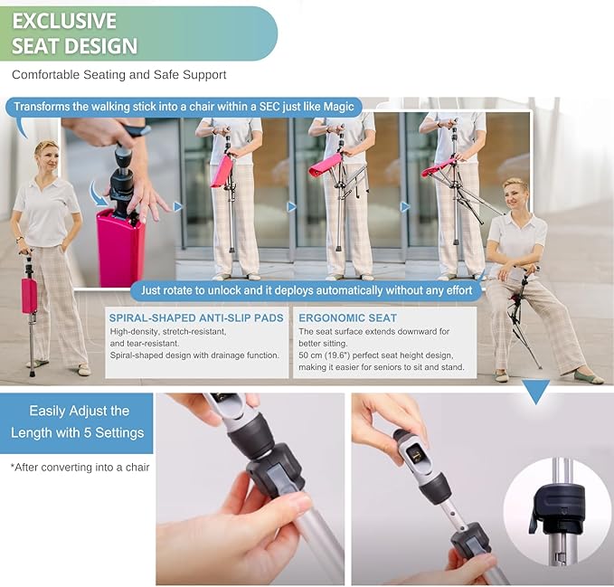 Ta-Da Chair Series 1 Pro, Portable Trekking Hiking Pole, Folding Walking Stick with Seat, Walking Cane with Chair, Foldable Chair, Lightweight Aluminum, Easy Carry and Storage, Anti-Slip