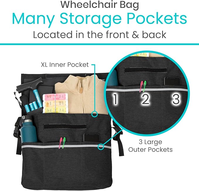 Vive XL Wheelchair Accessories Bag - Waterproof, Scratch-Resistant, Double-Stitched, Machine Washable for Adults, Seniors, 15 Colors - Storage Walker Backpack to Hang on Back