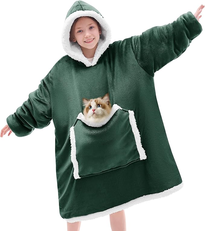 JOYWOO Green Kids Wearable Blanket Hoodie, Oversized Cat lovers Hoodie Blanket for kids & Teens,Birthday Gifts for Girl Boys,Cozy Fuzzy Sherpa Fleece Blanket Giant Pocket Winter Gifts,Dark Green