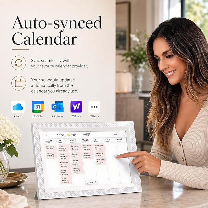 Frameo Digital Picture Frame 10.1" Digital Calendar 2-in-1|WiFi Smart Photo Frame16GB with 1280x800 HD Touchscreen|Sync Family Calendars Planner|Share Photos/Videos from Phone|Gifts for Mom Parents