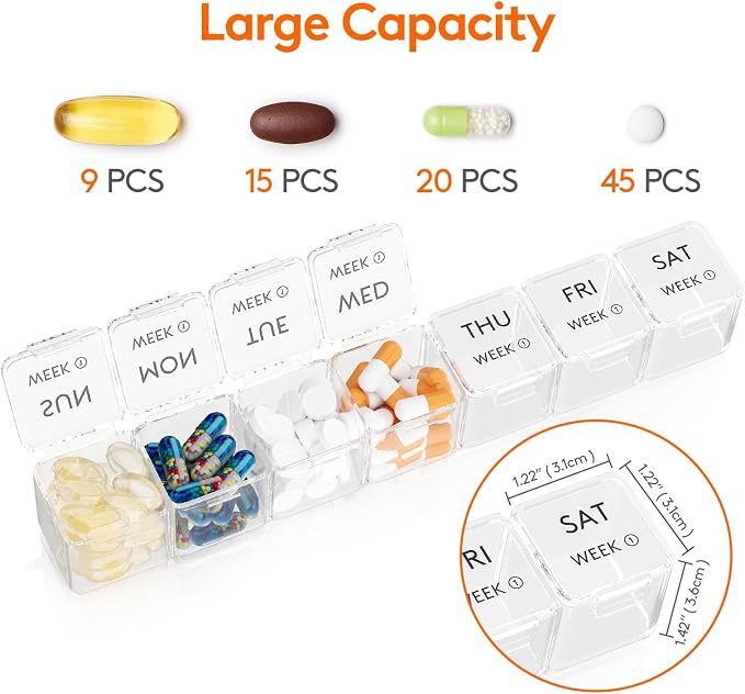 Lifewit Monthly Pill Organizer, 28 Day Pill Box, 4 Weeks One Month Vitamin Cases, Large Compartments Medicine Organizer for Fish Oils, Supplements, 28 Grids, Clear