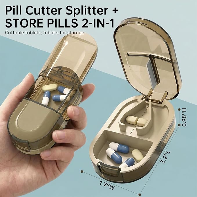 Pill Cutter Splitter for Small or Large Pills, Portable Pill Splitter with Hidden Professional Organizer and Brush, Tablet Cutter Medicine Slicer, Coupe Pilule for Tablets and Vitamins(Brown)