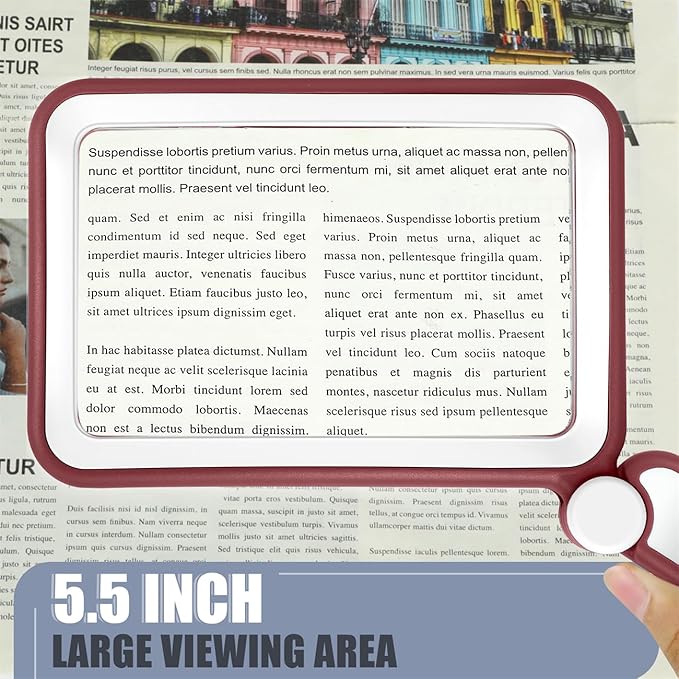 Magnifying Glass for Reading, Rechargeable 5X Large Page Magnifier with Light, Folding Handheld Dimmable Rectangle Lighted Magnifier for Reading Book Small Print for Seniors Low Vision, Red White