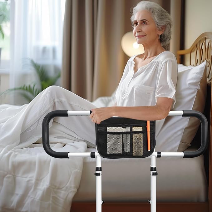 AOHHL Bed Rails for Elderly Adults Safety with Adjustable Heights Storage Pocket Assist Support Side Railings for Seniors Citizens Slides Under Mattressbed Cane Bed Guard Bed (White)
