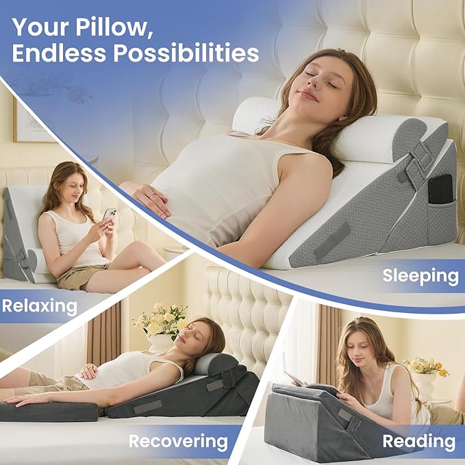 Sasttie Wedge Pillow for After Surgery, Adjustable Bed Wedge Pillow Headboard for Acid Reflux, Sleeping, Neck & Back Support, with Removable Cover, Light Grey & Velvet