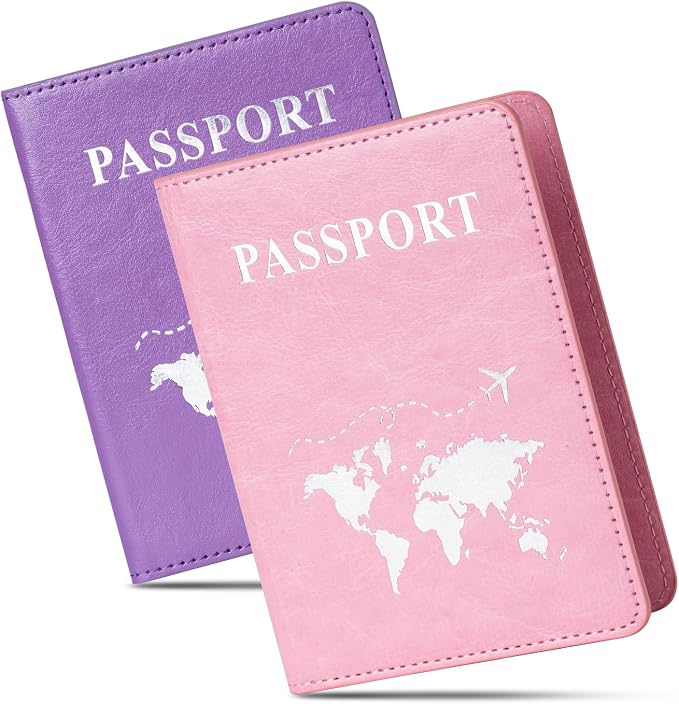 2 Pcs Passport Holders，Ultra Slim Passport Wallet for Travel Essentials | PU Leather Passport Cover for Women and Men (Pink & Purple)