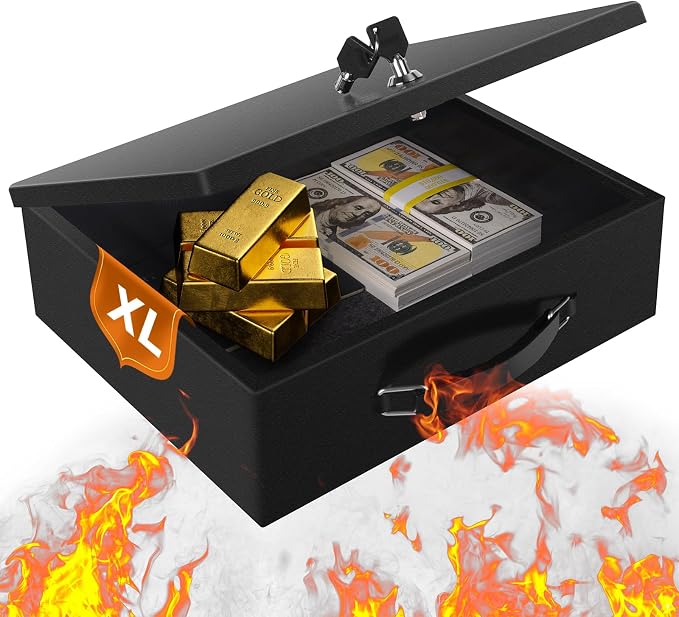 Fireproof Document Box, Fire Resistant Safe Box with Key Lock for Home, Portable Fireproof Lock Box for Personal Items, Passport, Cash, Tablet, X Large 13.2" x 11" x 4.13"