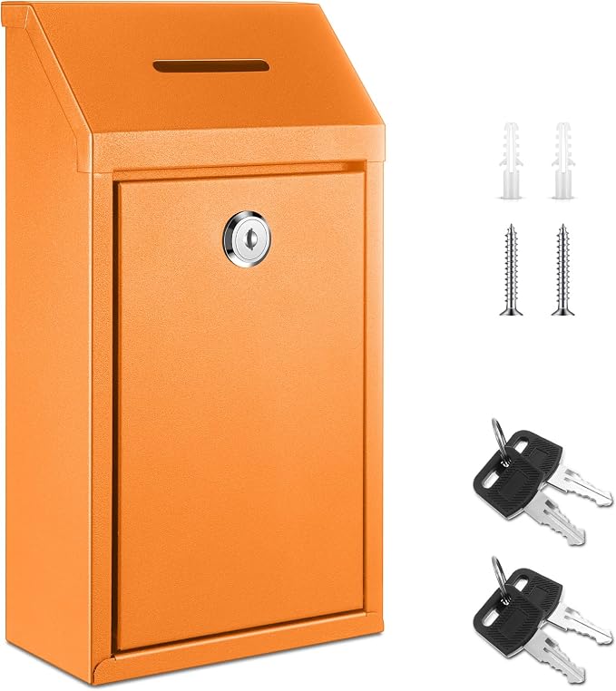 Yaocom Metal Money Box,Orange,10.24 x 5.71 x 2.95 Inch,No Lid | Wall Mounted Drop Donation Cash Box for Farm Stand Collection Safe Suggestion Box with Lock Container for Home Office Outdoor