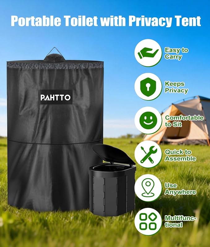 Portable Camping Toilet, Foldable Toilet for Adults with Detachable Phone Shelf and Toilet Paper Holder, Waterproof Porta Potty with Lid for Camping, Hiking, RV Travel, Road Trips