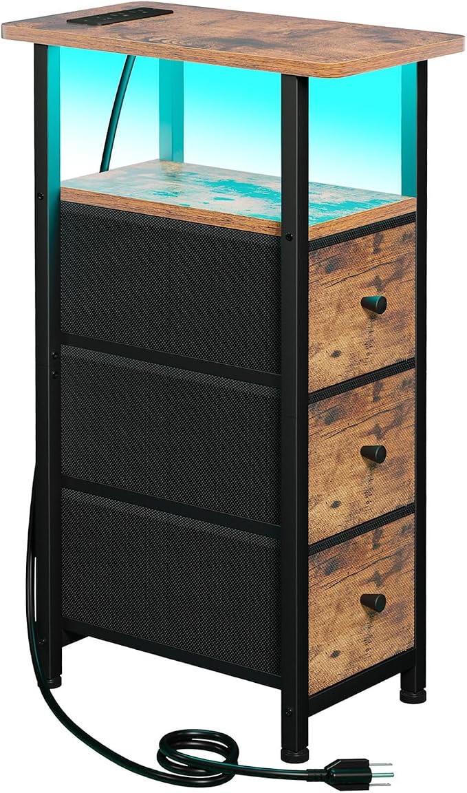 Narrow End Table with Charging Station, Small Nightstand | Skinny Side Tables Living Room with 3 Fabric Drawers, Bedside Table with LED Lights for Bedroom, Small Spaces, Rustic Brown