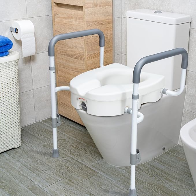 Raised Toilet Seat with Handles for Elderly - Toilet Seat Risers for Seniors with Adjustable Padded Arms - Elevated Toilet Safety Seat for Standard or Elongated Commode