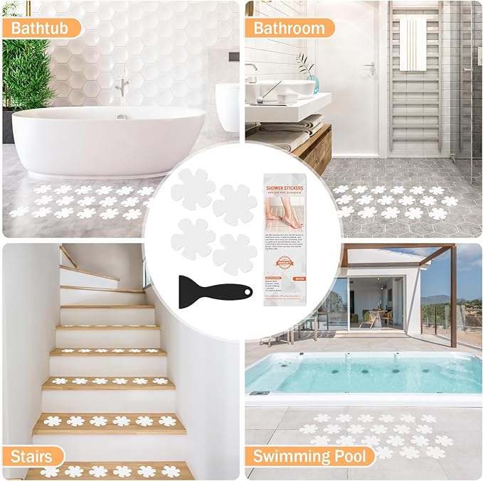 Non Slip Bathtub Stickers, 24 PCS Shower Stickers for Safety Bathroom Tubs, Bathtub Non Slip -Sticker and Adhesive Decals Scraper for Bath Tub, Shower Floor, Stairs, Ladders(Flower Shape, White)