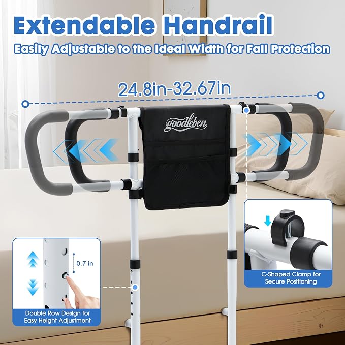 Bed Rails for Elderly Adults Safety, Bed Assist Rails for Seniors with Non-Slip Ergonomic Handle, Floor Support & Storage Pocket, Adjustable Bed Rail Fits Twin, Full, Queen & King Beds