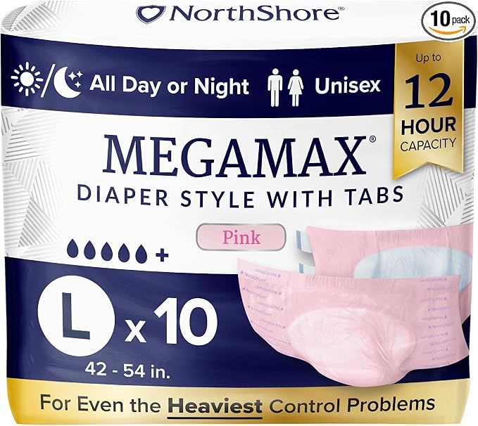 NorthShore MegaMax 12-Hour HBL Adult Diapers for Heavy Bladder Leaks, Large, 10 Count, Pink, 42-54 inches, Tab-Style Incontinence Underwear for Men, Women & Teens