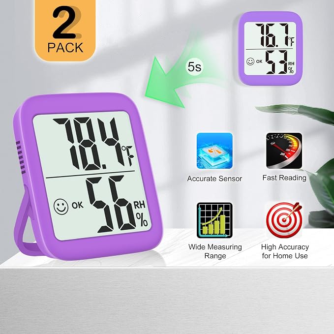 2 Pack Room Thermometer Indoor Hygrometer | Monitor Temperature & Humidity, Accurate, Fast Read, Easy To View, Magnetic/Kickstand/Hanging, ℉/℃, w/ Battery, Compact