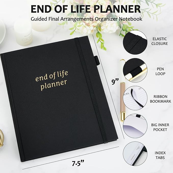 End of Life Planner, Guided Estate Planning Organizer with Tabs, Last Wish, Will Preparation, Funeral Planning, Final Arrangements Notebook for Beneficiary, in Case of Death Organizer 7.5"X9”-Black