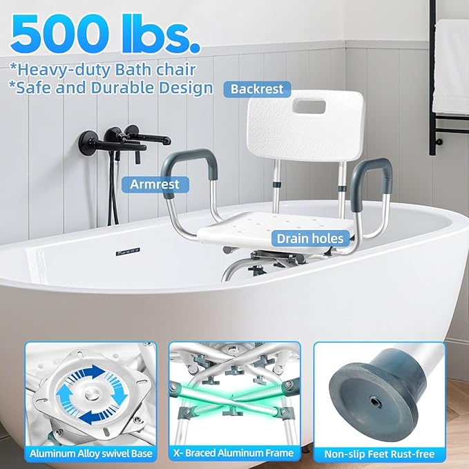 Swivel Shower Chair for Inside Shower with Arms and Back 500 lbs Heavy Duty Rotating Shower Seat for Bathtub Fully Adjustable Safety Bath Chair for Elderly Adults Disabled and Bariatric