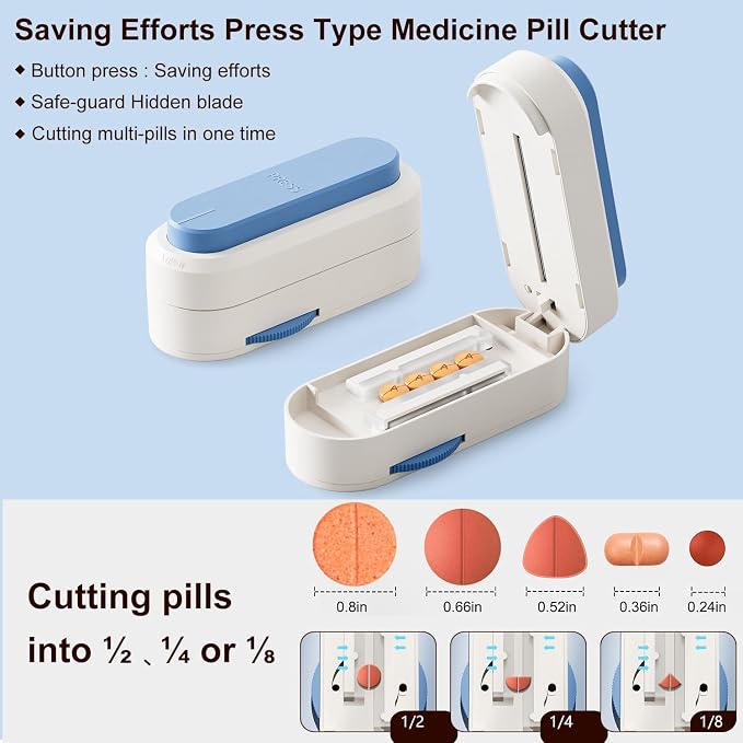 Pill Cutter Splitter for Small and Tiny Larger Pills. |ONE Button Easy Push Accurately Cuts Multiple Pills at Once. Sharp Blade with Safety Guard. Non-Slip Silicone Edge (Blue)