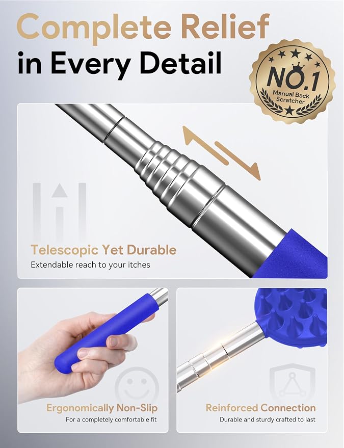 Telescoping Back Scratcher with 5 Detachable Heads, Gift for Men Blue | 10-30" Reach, Stainless Steel Pole, Rubber Grip, Christmas Stocking Stuffers, White Elephant, Anniversary and Birthday Gift