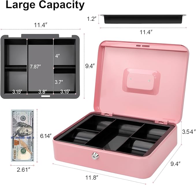 Jssmst Large Cash Box with Key Lock - Durable Metal Cash Box with Money Tray, 11.81 x 9.84 x 3.46 inches (X-Large, Pink)