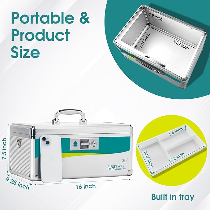 Glosen Medicine Lock Box,locking medicine box, Security Lock Boxes【Extra Large 16inch 16 x 9.25 x 7.5 Inch with removable storage pocket】 lock box, First Aid Key Safe Box for Medication