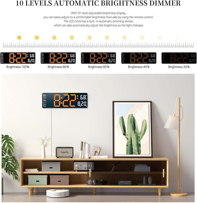 Abovsare Digital Wall Clock for Living Room Decor, Desk Alarm Clock for Bedroom, Large Wall Clock with Remote Control, Automatic Brightness Dimmer LED Clock with Date Temperature Week (Orange-B)