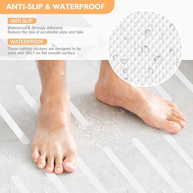 Non Slip Bathtub Stickers, 24 PCS Shower Stickers for Safety Bathroom Tubs, Bathtub Non Slip Stickers and Adhesive Decals Scraper for Bath Tub, Shower Floor, Stairs, Ladders(White)