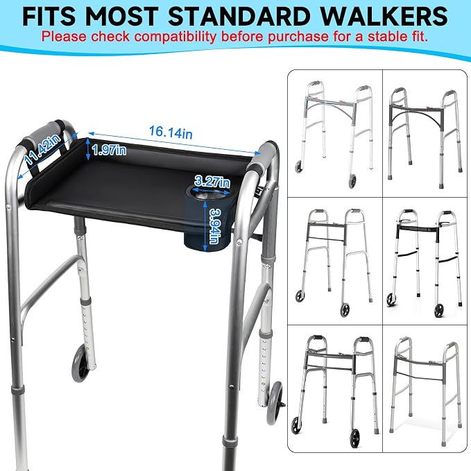 Walker Tray for Folding Walkers with Cup Holder, Adjustable Walker Tray Table Fits Most Standard Walkers, Non-Slip & Easy-Clean Leather Surface, Removable & Easy Assembly