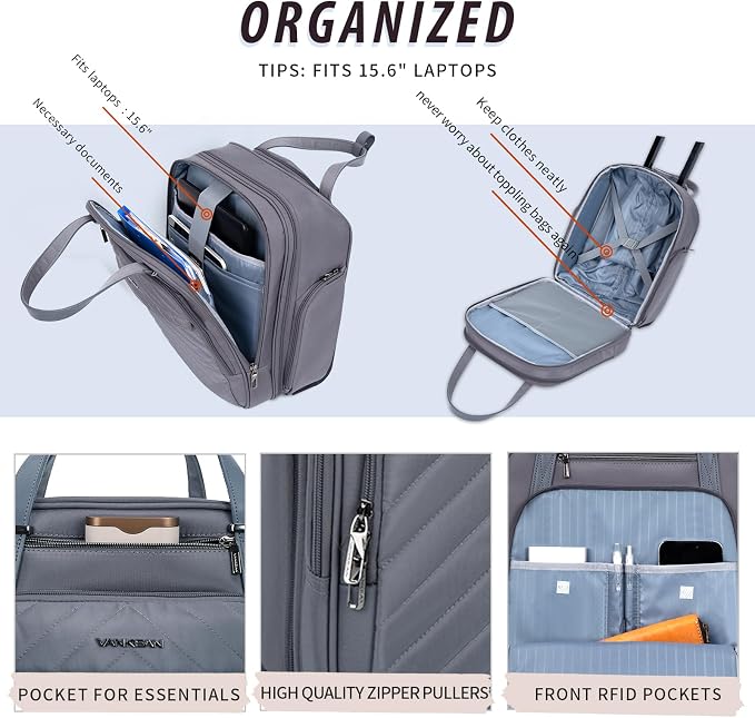 VANKEAN Carry On Underseat 16-inch Multi-functional Underseater Lightweight Overnight Suitcase with Wheels, Roller Case for Men Women Travel Business, Dark Grey