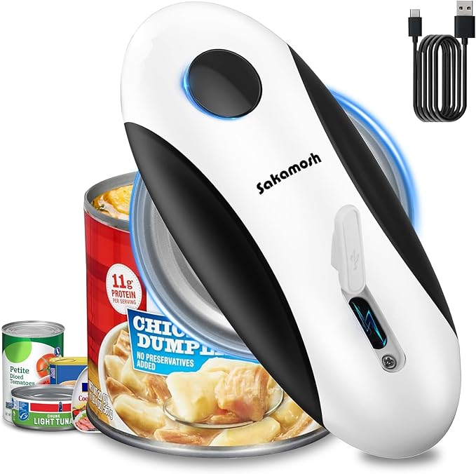 SAKAMOSH Rechargeable Electric Can Opener for Seniors | Cordless Rechargeable, One-Touch Operation, Smooth Edge, Perfect for Seniors, Arthritis, Fit Most Cans for Home Kitchen