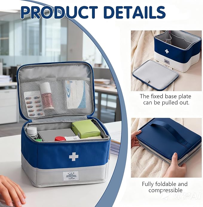 Travel Medicine Bag Organizer, Portable Medical Bag Empty, for Home, Travel, Camping, Car, Hiking & Outdoor Emergencies, Emergency Medical Kits (Blue)