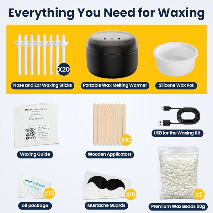 Nose Wax Kit: Nose Hair Wax Kit with USB Fast Heat & Smart Temp, Painless Nose Ear Hair Removal for Women & Men, 100g Hard Wax Beads, 30 Applicator Sticks for Eyebrow, Lip & Facial Hair, Travel Size