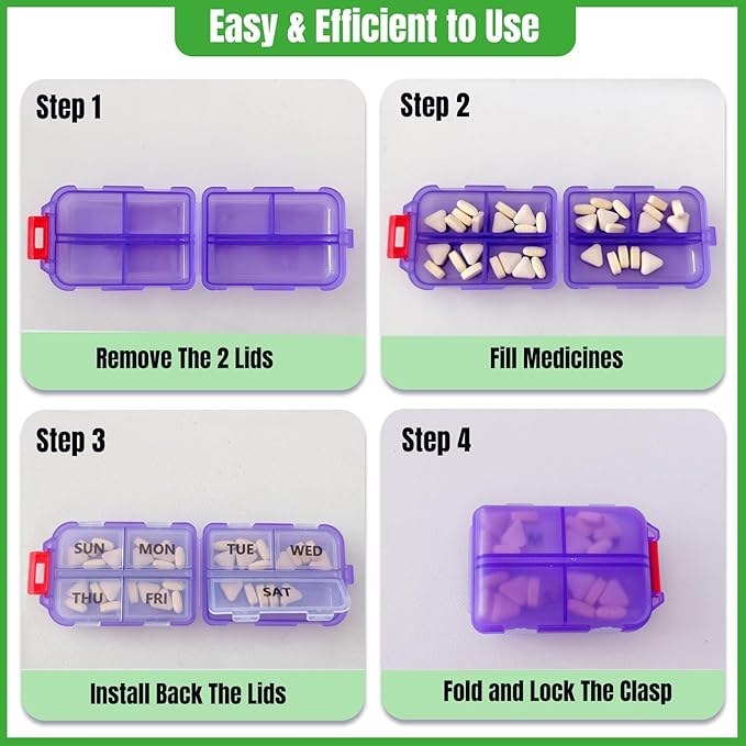7 Day Compact Pill Organizer, Foldable Portable Travel Pill Box with Double Protection, Daily Small Pill Case Dispenser for Medication, Vitamins, Supplements (Clear Purple)
