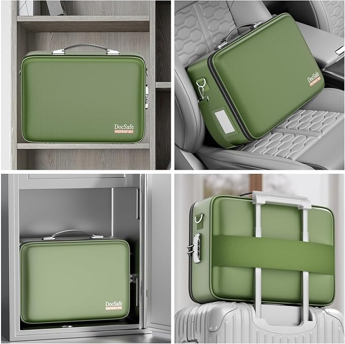 DocSafe Fireproof Document Box Hard Case with Lock ＆ Accordion File Folder | Fire and Water Resistant Safe Box,File Organizer,Multi-Pocket,Home Office Travel Storage for Important Document,Laptop,Green