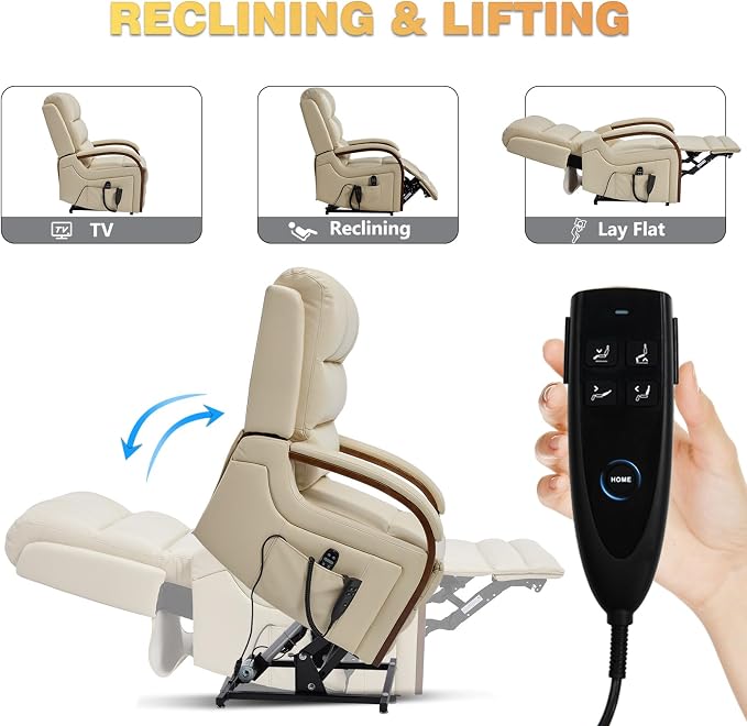 Trustyue Power Lift Recliner Chair, 180° Lay Flat Recliner, Lift Chair with Massage and Heat, Standing Assistance, Infinite Position Reclining, Living Room Chair for Elderly People(Faux Leather Beige)