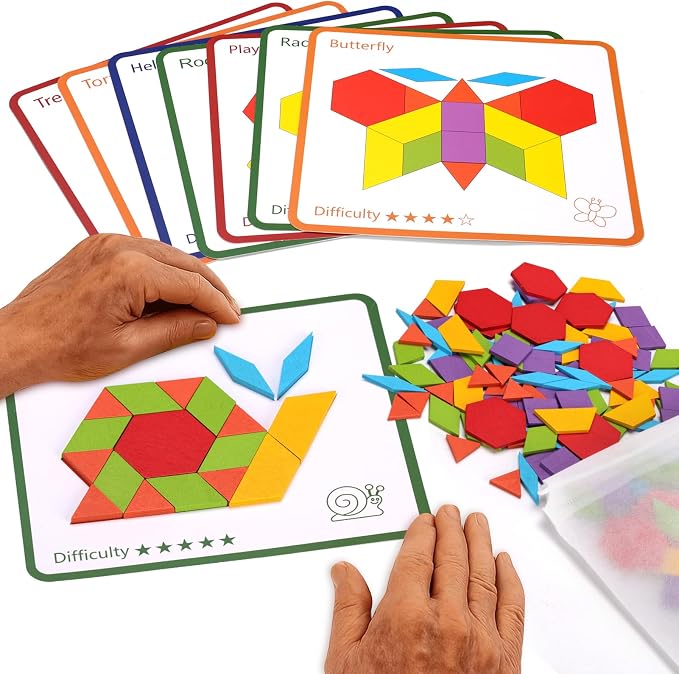 Activities for Dementia Patients 155 Pcs Wooden Tangrams Puzzle for Seniors with Alzheimer's Memory Board for Dementia Elderly Tile Memory Cognitive Gift Dementia Must Haves