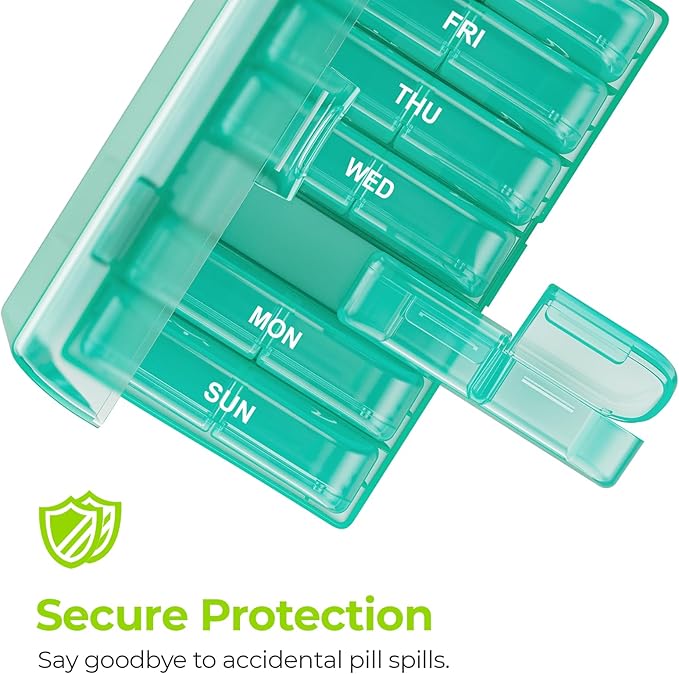 AUVON XL Weekly Pill Organizer 2 Times a Day, Pill Box 7 Day with One-Side Large Openings for Easy to Use, Cyan AM PM Pill Case for Medication, Vitamins, Fish Oils, Supplements