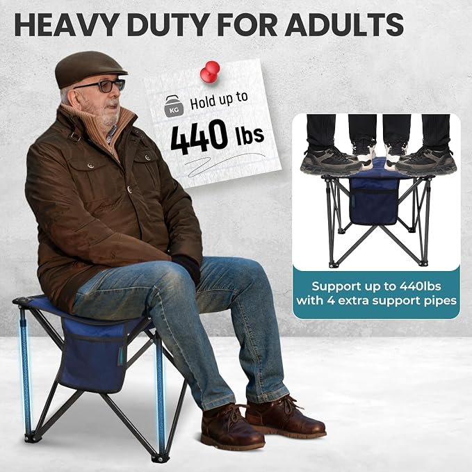 FUNDANGO Oversized Camping Stool for Adults, 2 Pack Thick Padded 18.1 Inch Folding Ottoman Foot Rest, 440 Lbs Heavy Duty Outdoor Camp Chairs with Anti-Slip Foots & Carry Bag for Fishing Travel (Blue)