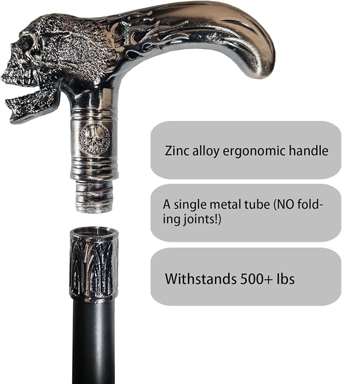 Walking Cane for Men & Women & Seniors - 36.5 Inch Heavy Duty 500+ lbs Capacity, Skull Ergonomic Handle, Decorative & Ornate Design, Gothic & Goth Elegant Black & Silver Artistry, Metal Cane