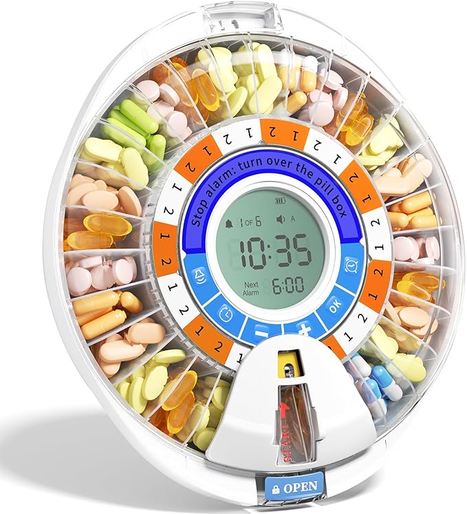 Betife 2nd Gen Automatic Pill Dispenser for Elderly with Alarm | 28 Slots, Key Locked, Alarm & Light Reminder, Mix-Proof, XL Display, 6 Dosage Rings，Easy Setup
