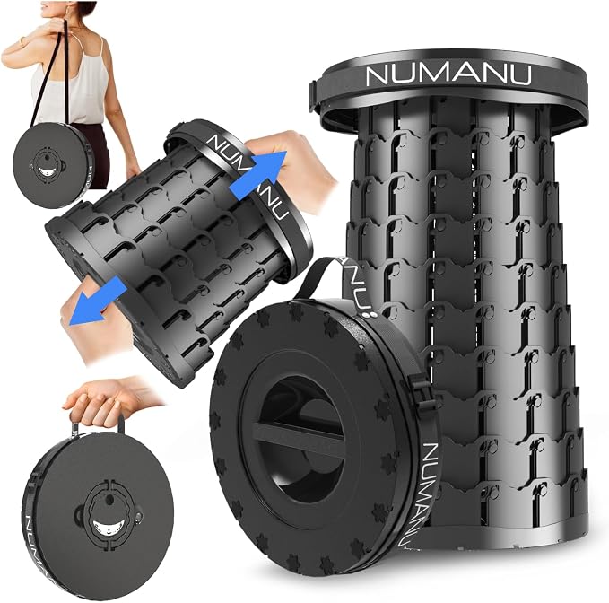NUMANU XXL Collapsible Stool for Adults, Portable Folding Seat, 1000 lbs | Heavy-duty big & tall stool, telescoping 2.7-19.7in adjustable, retractable, wide 11.8in seat; travel, sports, camping