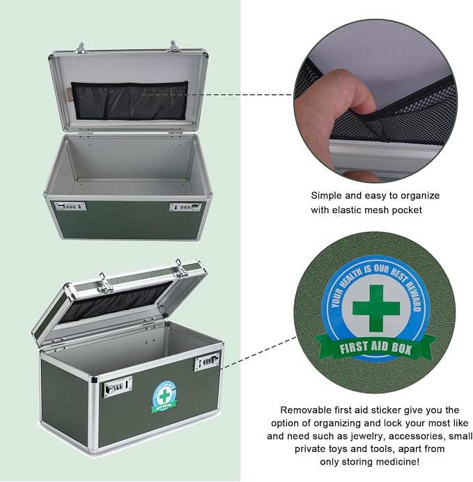 Medication Lock Box With Combination - Lockable Medicine Storage, Empty First Aid, Security Lock, Medical Organizer, Multipurpose Locking for Home and Outdoor (Green, Large)