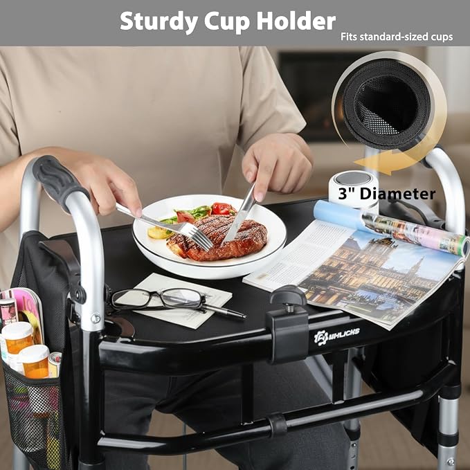 Folding Walker with Tray, 5" Wheels Lightweight Walkers for Seniors and Adults, Supports Up to 350 Pounds, Adjustable Height, Compact Standard Walker, Black