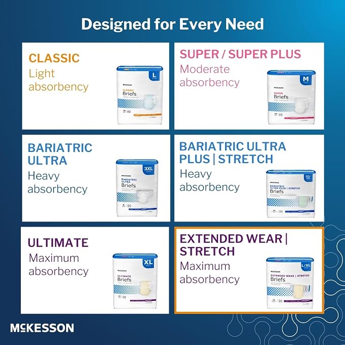 McKesson Extended Wear Stretch Briefs, L/XL 48, Large, 66 in, 56 ct | Overnight Adult Diapers with Tabs, Unisex Disposable Incontinence Briefs for Men and Women
