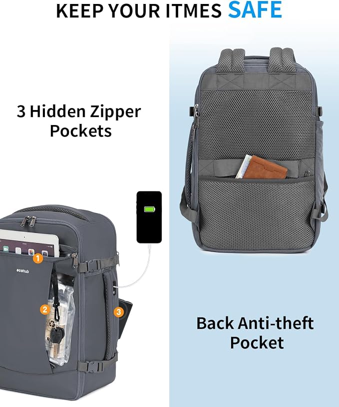 ECOHUB 17'' Small Travel Backpack, United Airlines Personal Item Bag 16.9"x10"x7.5" Carry on Backpack with USB Port Luggage Sleeve Travel Essentials for Men Women Water Resistant, Grey