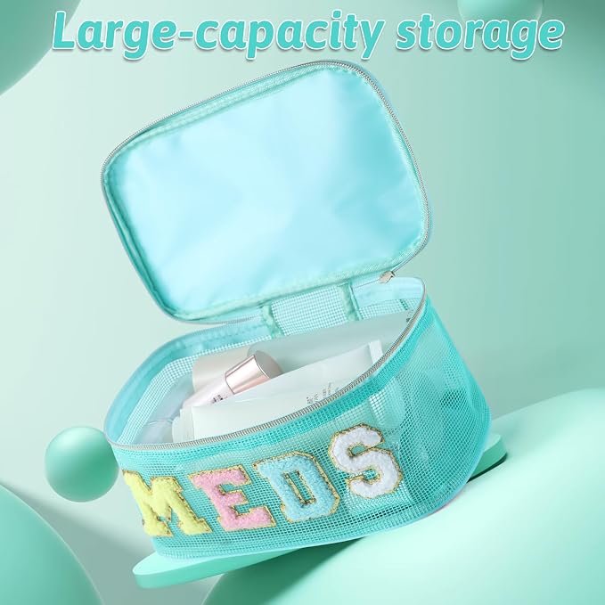Medicine Bag, Portable Meds Bag with Chenille Letters, Breathable Mesh Makeup Bag Organizer for Travel, Pill Storage & Cosmetic Collection